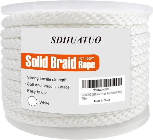 SDHUATUO 5/16 بوصة حبل مضفر من النايلون الصلب، سلك بوليستر 200 قدم 1760 رطل، مقاوم للأشعة فوق البنفسجية ومقاوم للاهتراء، حبل مرن ناعم للأراجيح، خيمة التخييم، سارية العلم، خيوط خارجية، مقاود الكلاب (أبيض) in Kuwait