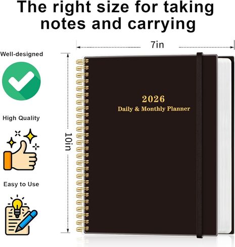 Daily Planner 2026 - Full Page Per Day, Jan 2026 to Dec 2026, 2026 Daily Planner with Spiral Bound, Inner Pocket, Perfect for School Office Supplies, 7'' x 10'', Black in Kuwait