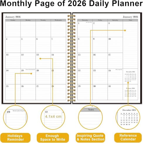 Daily Planner 2026 - Full Page Per Day, Jan 2026 to Dec 2026, 2026 Daily Planner with Spiral Bound, Inner Pocket, Perfect for School Office Supplies, 7'' x 10'', Black in Kuwait