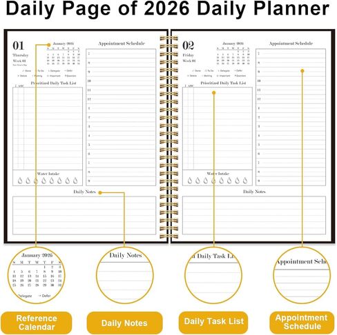 Daily Planner 2026 - Full Page Per Day, Jan 2026 to Dec 2026, 2026 Daily Planner with Spiral Bound, Inner Pocket, Perfect for School Office Supplies, 7'' x 10'', Black in Kuwait