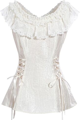 CR ROLECOS White Victorian Blouse for Women Ruffle Lace Renaissance Shirt 2025 Vintage Sleeveless Summer Top in Saudi Arabia
