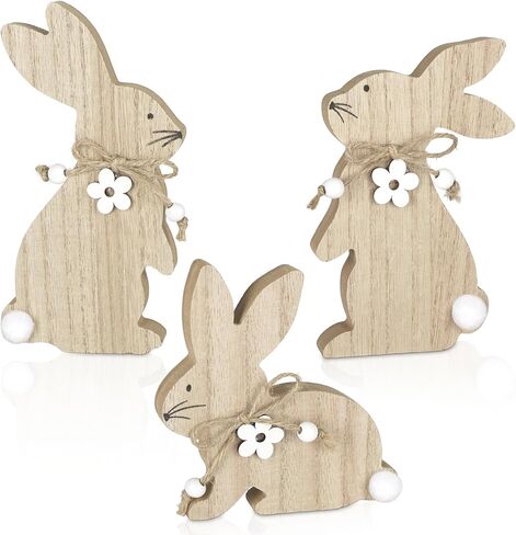 3Pcs Easter Decorations for Home Easter Bunny Wooden Table Sign Farmhouse Rabbit Table Centerpieces with Pompom Ball Rustic Wood Tabletop Blocks Tiered Tray Shelf Mantle Office Desk Indoor Party Decor in Kuwait