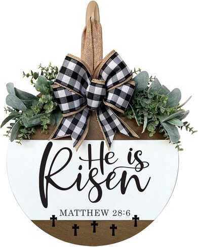 علامة ترحيب للباب الأمامي من He Is Risen، أكاليل شماعات لباب عيد الفصح من الخشب المستدير الريفي، ديكور جدار الشرفة الأمامية للمزرعة معلق لديكور الربيع في الهواء الطلق للمنزل in Kuwait