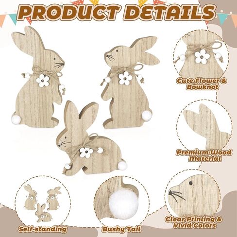 3Pcs Easter Decorations for Home Easter Bunny Wooden Table Sign Farmhouse Rabbit Table Centerpieces with Pompom Ball Rustic Wood Tabletop Blocks Tiered Tray Shelf Mantle Office Desk Indoor Party Decor in Kuwait