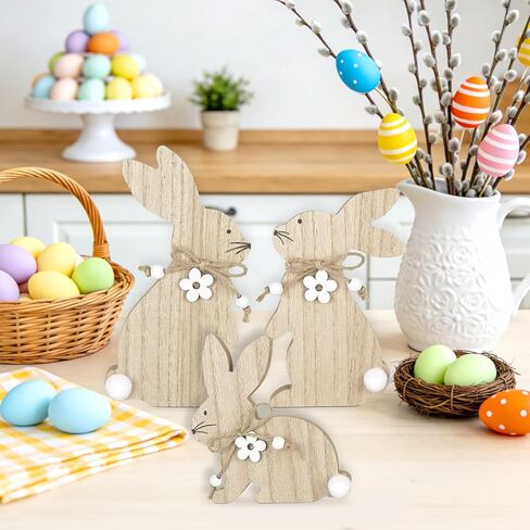 3Pcs Easter Decorations for Home Easter Bunny Wooden Table Sign Farmhouse Rabbit Table Centerpieces with Pompom Ball Rustic Wood Tabletop Blocks Tiered Tray Shelf Mantle Office Desk Indoor Party Decor in Kuwait