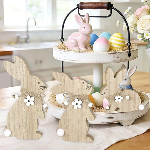 3Pcs Easter Decorations for Home Easter Bunny Wooden Table Sign Farmhouse Rabbit Table Centerpieces with Pompom Ball Rustic Wood Tabletop Blocks Tiered Tray Shelf Mantle Office Desk Indoor Party Decor in Kuwait