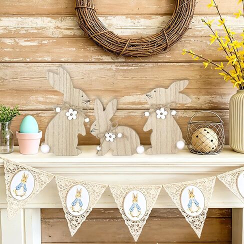 3Pcs Easter Decorations for Home Easter Bunny Wooden Table Sign Farmhouse Rabbit Table Centerpieces with Pompom Ball Rustic Wood Tabletop Blocks Tiered Tray Shelf Mantle Office Desk Indoor Party Decor in Kuwait