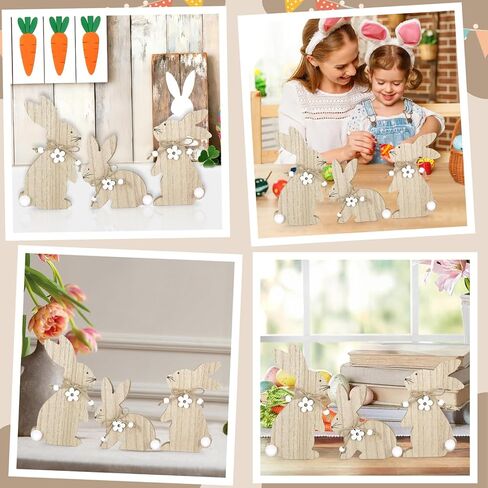 3Pcs Easter Decorations for Home Easter Bunny Wooden Table Sign Farmhouse Rabbit Table Centerpieces with Pompom Ball Rustic Wood Tabletop Blocks Tiered Tray Shelf Mantle Office Desk Indoor Party Decor in Kuwait