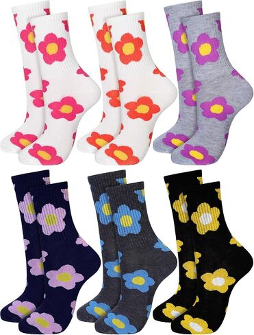 6 Pairs Cute Women Cotton Crew Socks Flower Design Patterned Casual Cotton Crew Socks for Sports and Daily Wear in Saudi Arabia