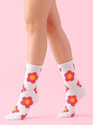 6 Pairs Cute Women Cotton Crew Socks Flower Design Patterned Casual Cotton Crew Socks for Sports and Daily Wear in Saudi Arabia