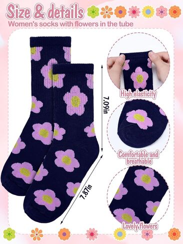 6 Pairs Cute Women Cotton Crew Socks Flower Design Patterned Casual Cotton Crew Socks for Sports and Daily Wear in Saudi Arabia