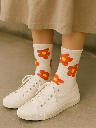 6 Pairs Cute Women Cotton Crew Socks Flower Design Patterned Casual Cotton Crew Socks for Sports and Daily Wear in Saudi Arabia