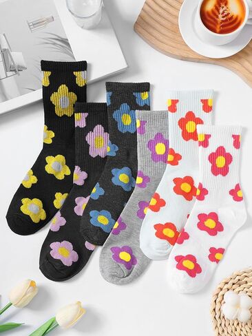 6 Pairs Cute Women Cotton Crew Socks Flower Design Patterned Casual Cotton Crew Socks for Sports and Daily Wear in Saudi Arabia