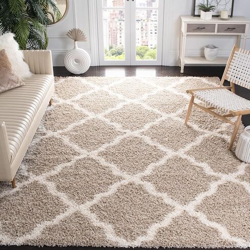 SAFAVIEH Dallas Shag Collection Area Rug - 10' x 14', Beige & Ivory, Trellis Design, Non-Shedding & Easy Care, 1.5-inch Thick Ideal for High Traffic Areas in Living Room, Bedroom (SGD257D) in Saudi Arabia