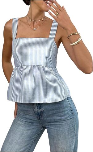 SOLY HUX Women's Striped Peplum Babydoll Tops Summer Tie Backless Square Neck Going Out Tank Top in Saudi Arabia