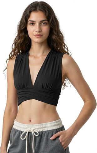 Women's Deep V Neck Crop Top, Adjustable Tie Up Backless Halter Top, Breathable Cotton Summer Festival Top in Kuwait
