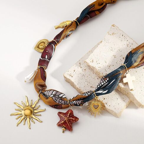 البني وشاح قلادة مع سحر الشمس / اللؤلؤ / نجم البحر باندانا قلادة خمر مكتنزة المختنق عيد الميلاد النساء المجوهرات in Kuwait