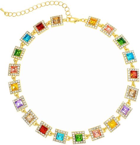 ACEDRE Colorful Rhinestone Choker Necklace Gold Multicolor Gemstone Prom Costume Jewelry for Women in Kuwait