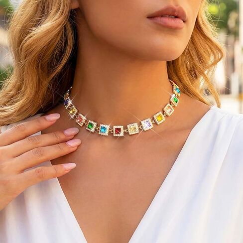 ACEDRE Colorful Rhinestone Choker Necklace Gold Multicolor Gemstone Prom Costume Jewelry for Women in Kuwait