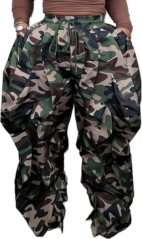 Tbahhir Women’s 2026 Trendy Parachute Pants High Waist Baggy Jogger Sweatpants Ruffle Fringe Tassels Wide Leg Trousers in Kuwait