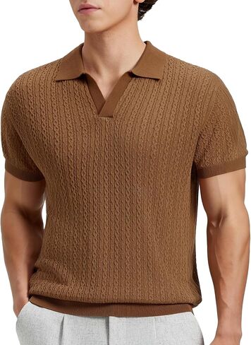 Susclude Mens Old Money Knit Shirts Textured Short Sleeve V Veck Polo Sweater Casual Collared Pullover Stretch Shirt Summer in Kuwait