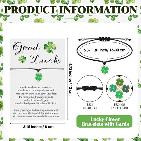 St. Patrick's Day Bracelets Gifts Bulk for Women Men Adjustable Green Lucky Clover Shamrock Bracelets with Good Luck Wish Cards for St Patricks Day Gifts Irish Party Favors, 4 Styles in Kuwait