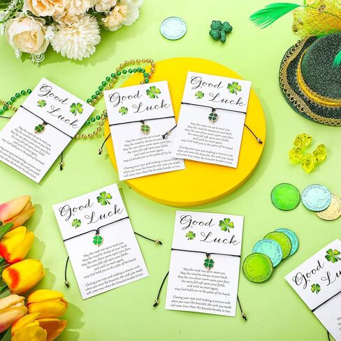 St. Patrick's Day Bracelets Gifts Bulk for Women Men Adjustable Green Lucky Clover Shamrock Bracelets with Good Luck Wish Cards for St Patricks Day Gifts Irish Party Favors, 4 Styles in Kuwait