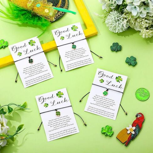 St. Patrick's Day Bracelets Gifts Bulk for Women Men Adjustable Green Lucky Clover Shamrock Bracelets with Good Luck Wish Cards for St Patricks Day Gifts Irish Party Favors, 4 Styles in Kuwait