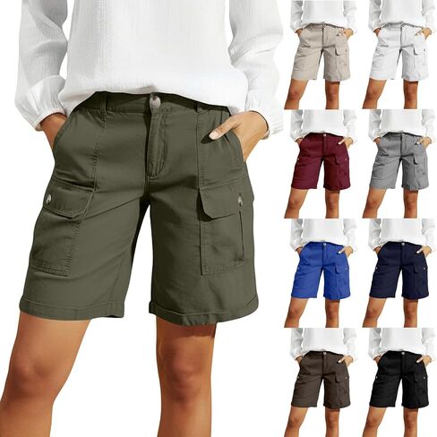 Bermuda Shorts for Women Stretchy Chino High Waisted Wide Leg Cargo Short Casual Workout Cropped Pants with Pockets in Saudi Arabia