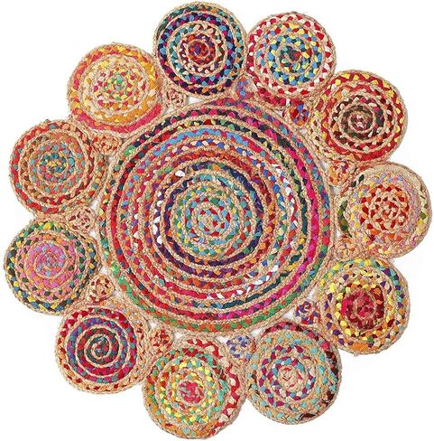 Jute Cotton Braided Boho Area Rug, 2' Round - Natural, Handmade, Hand Woven Farmhouse Reversible Rugs for Living Room, Kitchen, Bedroom, Hallway, Entryway - 2 Feet Round Multicolor in Saudi Arabia