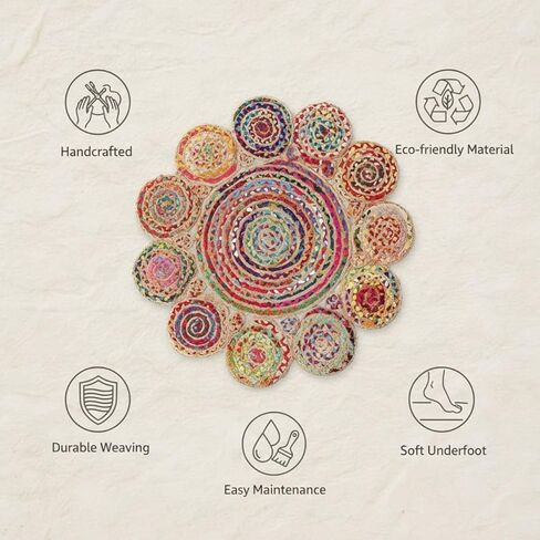 Jute Cotton Braided Boho Area Rug, 2' Round - Natural, Handmade, Hand Woven Farmhouse Reversible Rugs for Living Room, Kitchen, Bedroom, Hallway, Entryway - 2 Feet Round Multicolor in Saudi Arabia