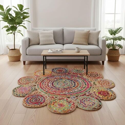 Jute Cotton Braided Boho Area Rug, 2' Round - Natural, Handmade, Hand Woven Farmhouse Reversible Rugs for Living Room, Kitchen, Bedroom, Hallway, Entryway - 2 Feet Round Multicolor in Saudi Arabia