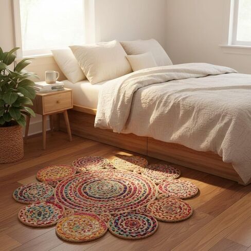 Jute Cotton Braided Boho Area Rug, 2' Round - Natural, Handmade, Hand Woven Farmhouse Reversible Rugs for Living Room, Kitchen, Bedroom, Hallway, Entryway - 2 Feet Round Multicolor in Saudi Arabia