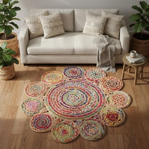 Jute Cotton Braided Boho Area Rug, 2' Round - Natural, Handmade, Hand Woven Farmhouse Reversible Rugs for Living Room, Kitchen, Bedroom, Hallway, Entryway - 2 Feet Round Multicolor in Saudi Arabia