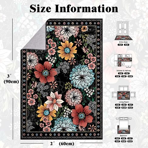 Yinhua سجادة باب للمدخل الداخلي 2 × 3 سجادة بوهو زهرية قابلة للغسل للمدخل، سجادة منطقة صغيرة سوداء غير قابلة للانزلاق سجاد مدخل منخفض الوبر للمطبخ، الغسيل، الدخول، أسود in Kuwait