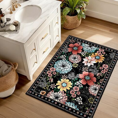 Yinhua سجادة باب للمدخل الداخلي 2 × 3 سجادة بوهو زهرية قابلة للغسل للمدخل، سجادة منطقة صغيرة سوداء غير قابلة للانزلاق سجاد مدخل منخفض الوبر للمطبخ، الغسيل، الدخول، أسود in Kuwait