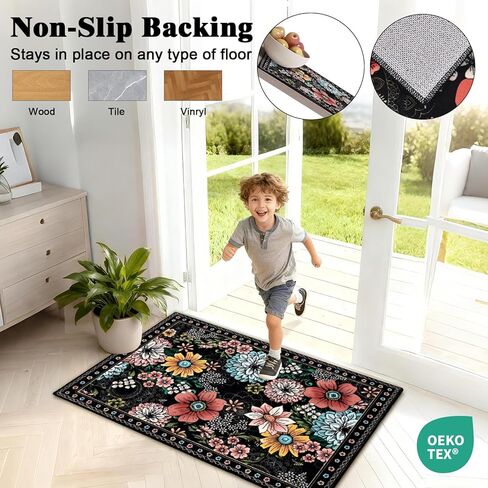 Yinhua سجادة باب للمدخل الداخلي 2 × 3 سجادة بوهو زهرية قابلة للغسل للمدخل، سجادة منطقة صغيرة سوداء غير قابلة للانزلاق سجاد مدخل منخفض الوبر للمطبخ، الغسيل، الدخول، أسود in Kuwait