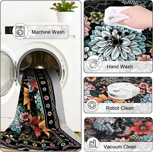 Yinhua سجادة باب للمدخل الداخلي 2 × 3 سجادة بوهو زهرية قابلة للغسل للمدخل، سجادة منطقة صغيرة سوداء غير قابلة للانزلاق سجاد مدخل منخفض الوبر للمطبخ، الغسيل، الدخول، أسود in Kuwait