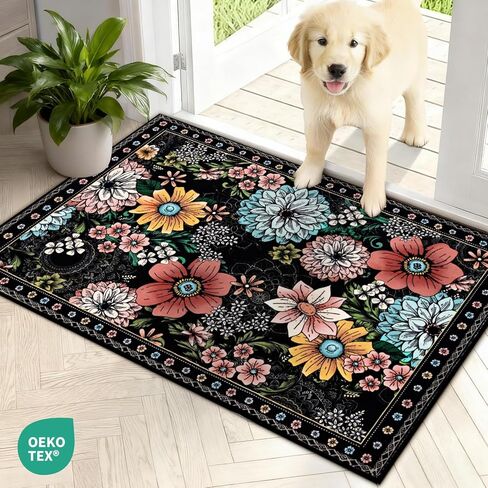 Yinhua سجادة باب للمدخل الداخلي 2 × 3 سجادة بوهو زهرية قابلة للغسل للمدخل، سجادة منطقة صغيرة سوداء غير قابلة للانزلاق سجاد مدخل منخفض الوبر للمطبخ، الغسيل، الدخول، أسود in Kuwait