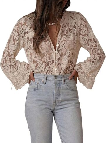GORGLITTER Women's Lace Long Sleeve Tops Boho Peasant Ruffled Blouse Bell Long Sleeve Mesh Sheer Button Down Shirt in Saudi Arabia
