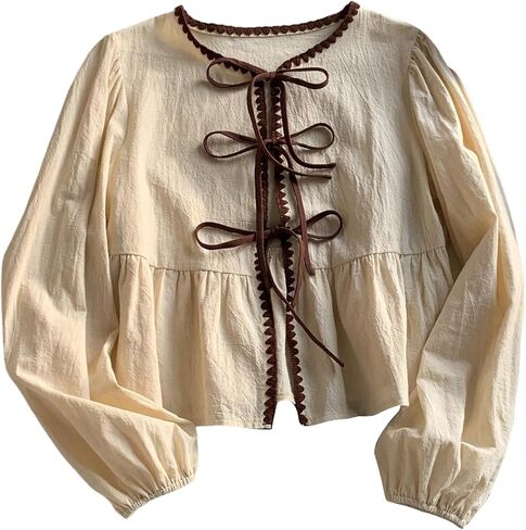 Floerns Women's Cute Lantern Sleeve Bow Tie Front Peplum Top Crewneck Ruffle Blouses in Saudi Arabia