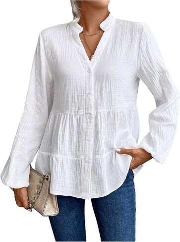 OYOANGLE Women's Textured Lantern Long Sleeve Babydoll Blouse Notched V Neck Button Front Peplum Top in Saudi Arabia