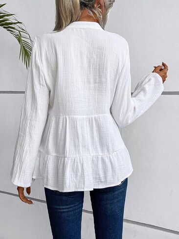 OYOANGLE Women's Textured Lantern Long Sleeve Babydoll Blouse Notched V Neck Button Front Peplum Top in Saudi Arabia