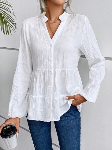 OYOANGLE Women's Textured Lantern Long Sleeve Babydoll Blouse Notched V Neck Button Front Peplum Top in Saudi Arabia