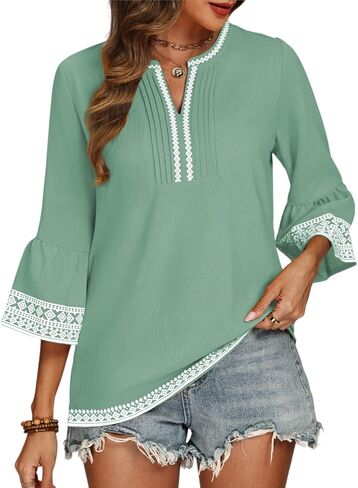 CiCiBird Womens 3/4 Sleeve Casual Blouse Boho V Neck Tops Pleated Printed Vacation Clothes in Kuwait