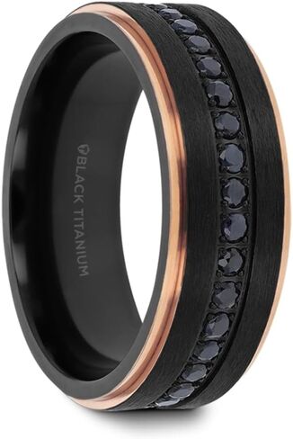 Mens Black Titanium Rose Gold Plated Inside Black Sapphire Settings all around Wedding Ring - Flat Brushed Comfort Fit - 8mm Wide - Style name: ASTRO in Kuwait