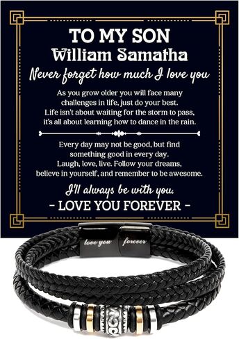 سوار باسم مخصص لابني - هدية أمي الحب للابن، سوار جلدي مضفر للرجال، هدية تخرج عيد ميلاد مع بطاقة رسالة وصندوق هدايا، مجوهرات اسم شخصي للأبناء in Kuwait