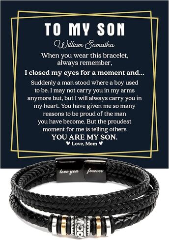 To My Son Custom Name Bracelet – Love Mom Gift for Son, Braided Leather Men Bracelet, Birthday Graduation Gift with Message Card and Gift Box, Personalized Name Jewelry for Sons in Saudi Arabia