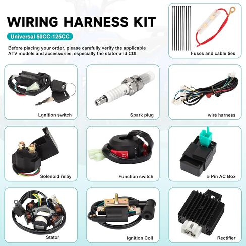 Complete Wiring Harness Kit for Tao tao 50cc 70cc 90cc 110cc 125cc ATV Quad Electric 4 Wheeler Stroke Parts Go Kart with 6-Pole Stator CDI Spark Plug Relay in Kuwait