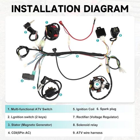 Complete Wiring Harness Kit for Tao tao 50cc 70cc 90cc 110cc 125cc ATV Quad Electric 4 Wheeler Stroke Parts Go Kart with 6-Pole Stator CDI Spark Plug Relay in Kuwait